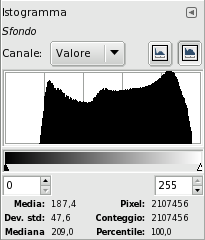 L'istogramma visualizzato in cima alla pagina modificato in modalità logaritmica.