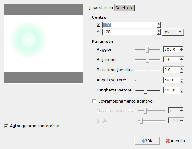 Opzioni del filtro «chiarore a gradiente» (impostazioni)