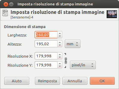 Finestra di dialogo di impostazione della dimensione di stampa