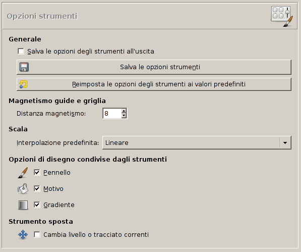 Preferenze delle opzioni degli strumenti