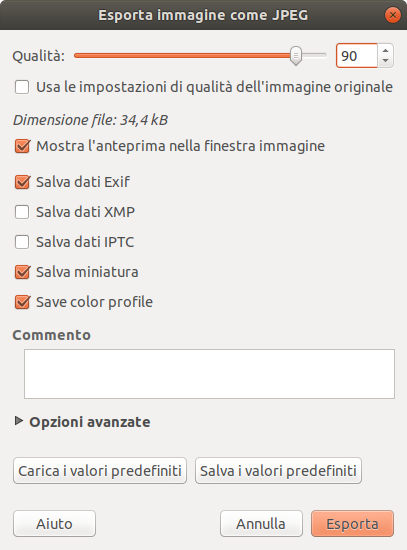 Finestra di dialogo «Esporta immagine come JPEG» con qualità predefinita.