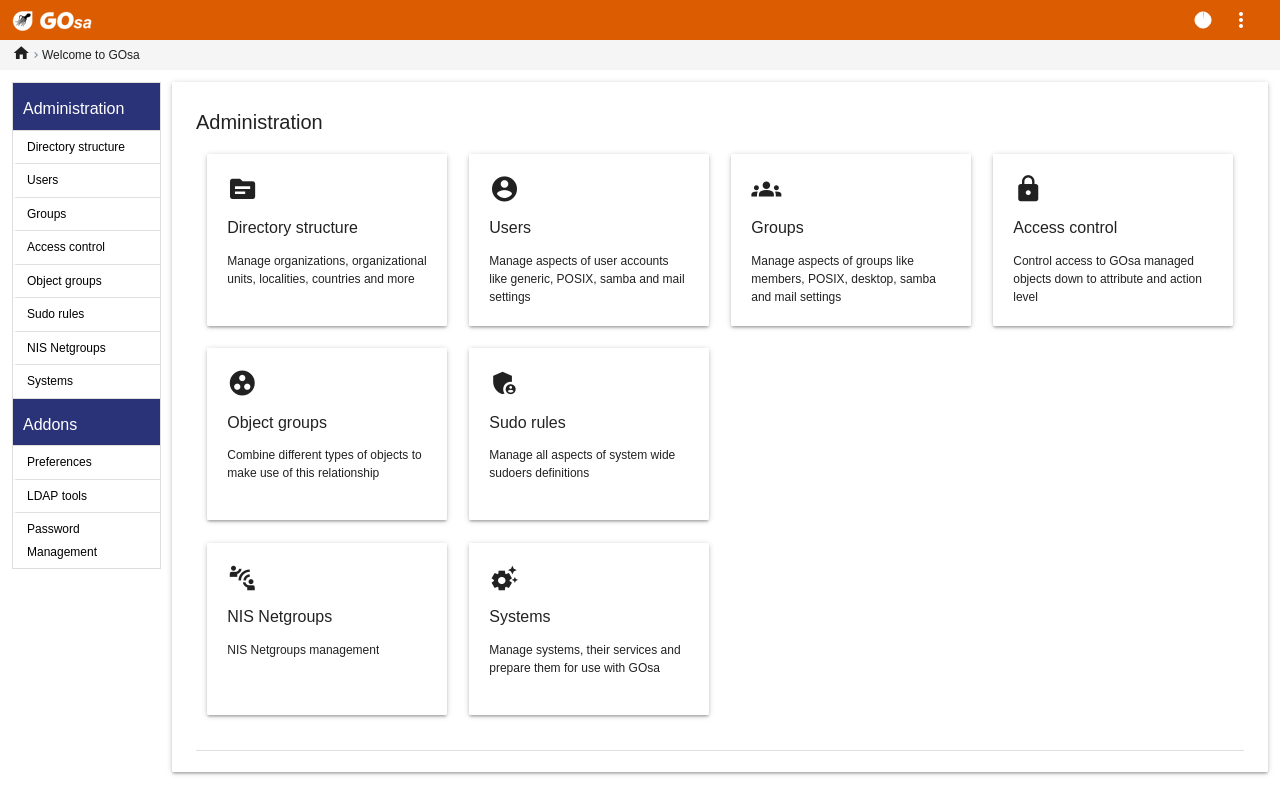 Pagina di GOsa² dopo il login come primo utente