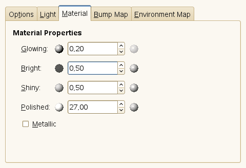 “Lighting” filter options (Material Properties)