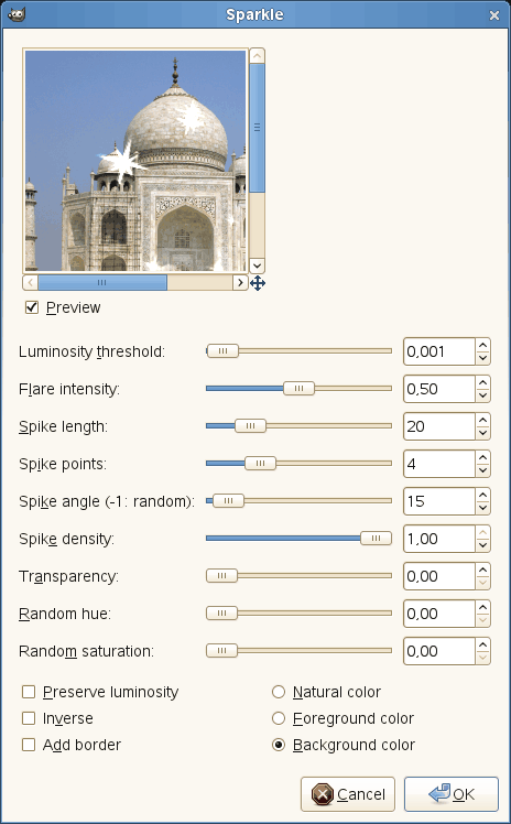 “Sparkle” filter options