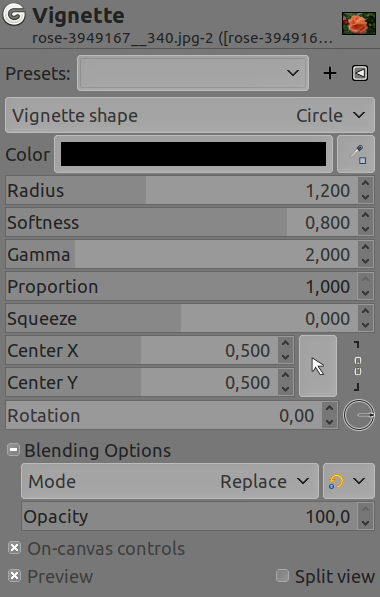 “Vignette” filter options