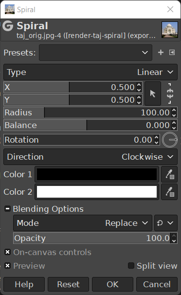 “Spiral” filter options dialog