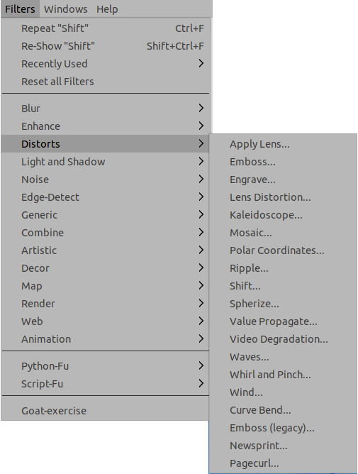 The Distort filters menu