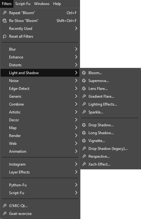 The Light and Shadow filters menu