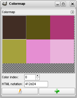 An indexed image with 6 colors and its Colormap dialog