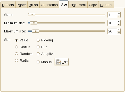 “Size” tab options