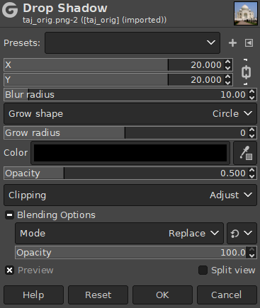 “Drop Shadow” filter options