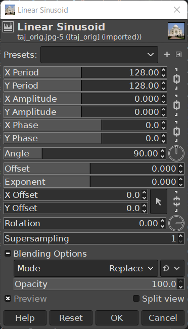 “Linear Sinusoid” filter options dialog