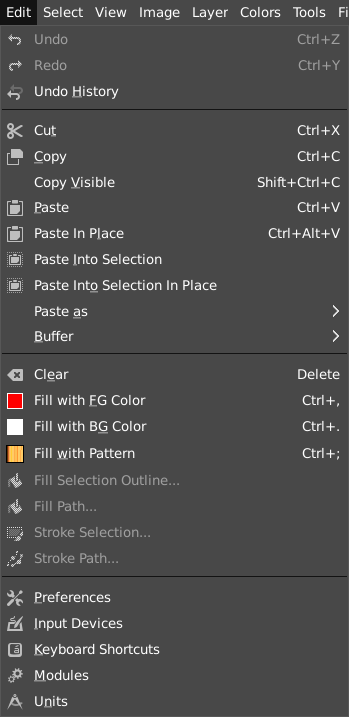 Contents of the Edit Menu