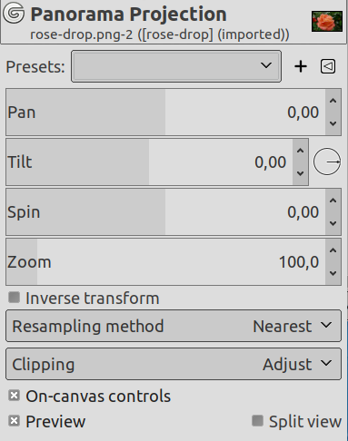 Opzioni del filtro «Proiezione panorama»