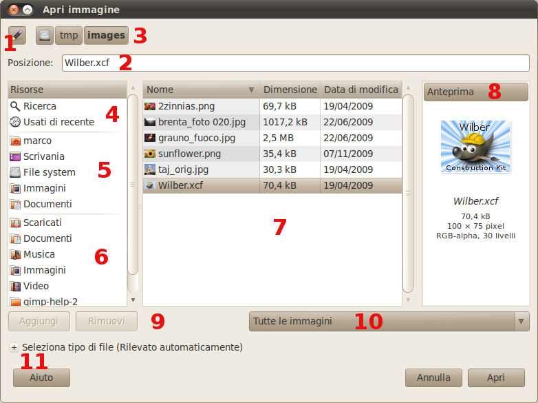 La finestra di dialogo apri immagine