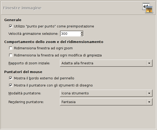 Preferenze generali della finestra immagine