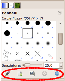 Barra pulsanti sulla finestra di dialogo dei pennelli.