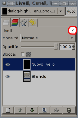 Una finestra di dialogo in un pannello, con il pulsante del menu scheda evidenziato.