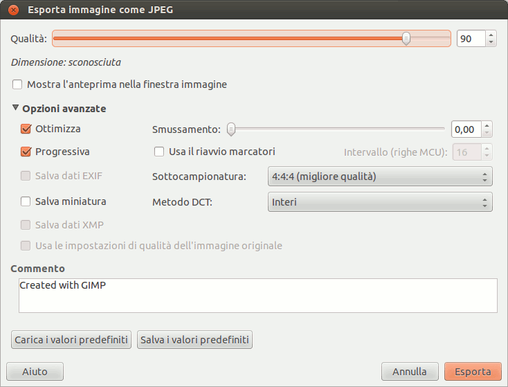 La finestra di dialogo di esportazione JPEG