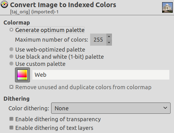 The “Convert Image to Indexed Colors” dialog