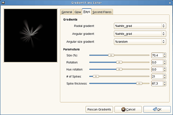 “Gradient Flare Editor” options (Rays)