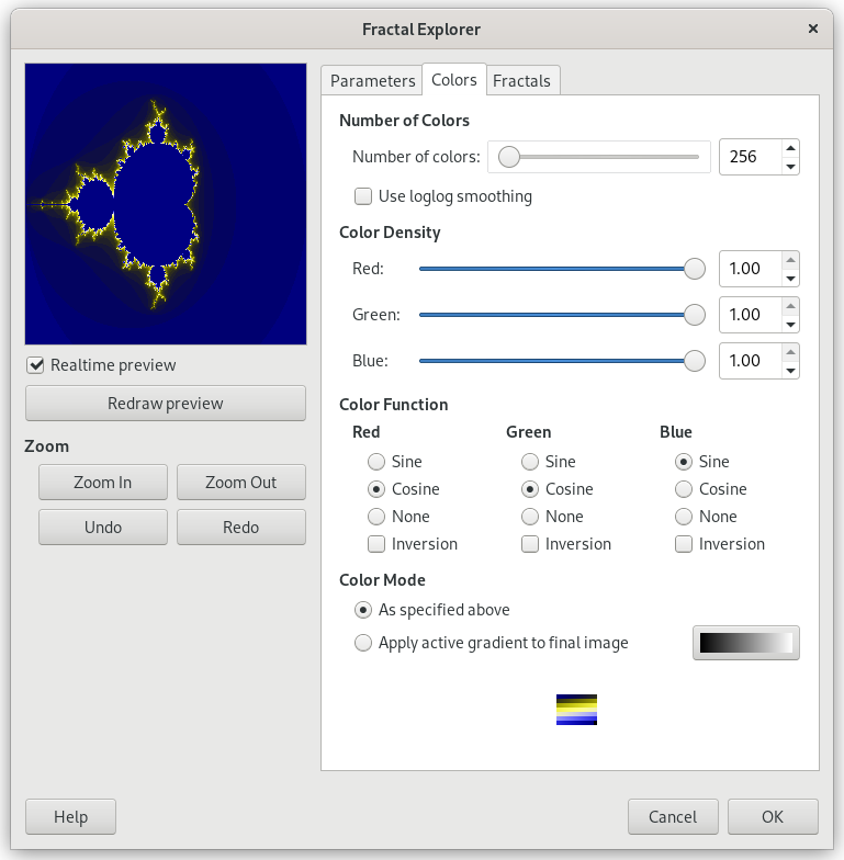 “Fractal Explorer” filter options (Colors)