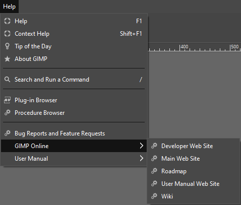 The “GIMP Online” submenu of the Help menu