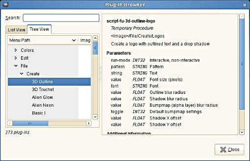 The tree view of the “Plug-In Browser” dialog window