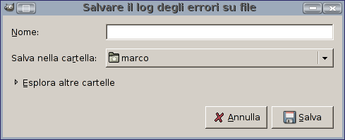 La finestra di dialogo «Salvare il log degli errori su file»