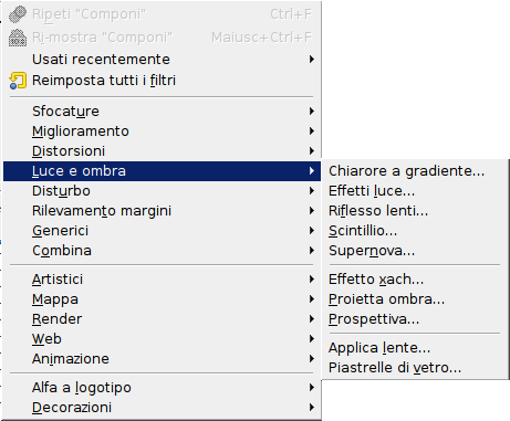 Il menu filtri di «luce e ombra»