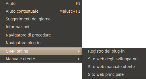 Il sottomenu «GIMP Online» del menu Aiuto