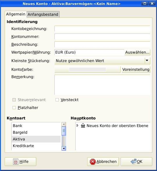 Erstellung eines Aktivakontos