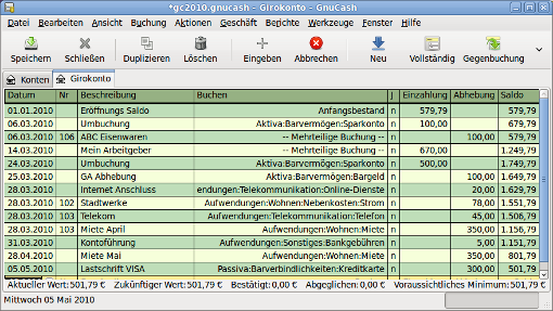 Buchungsansicht des Girokontos mit mehreren Buchungen