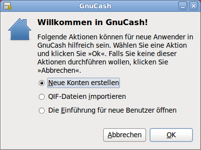 Das Willkommen in GnuCash Dialogfenster