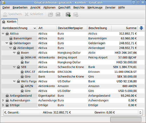 GnuCash Liste mit Konten in verschiedenen Währungen und Wertpapieren