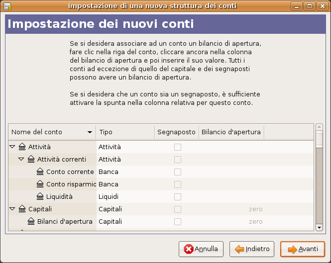 L’assistente per l’impostazione di una nuova struttura dei conti - Configurazione