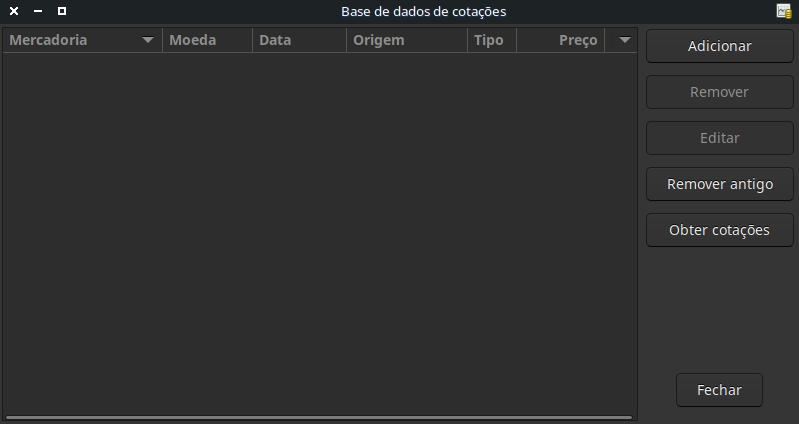 Janela da base de dados de cotações