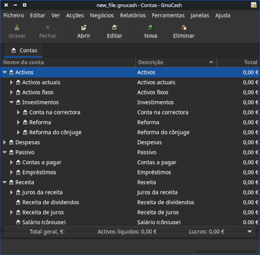 Árvore de contas do GnuCash - exemplo