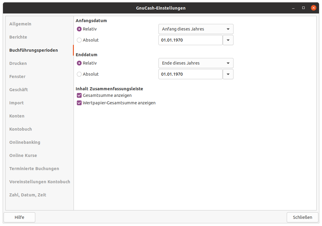 Die GnuCash-Einstellungen für die Buchführungsperioden