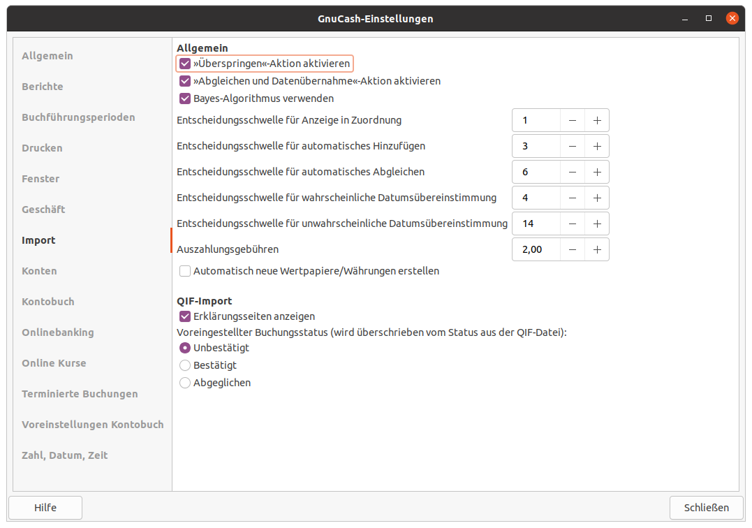 Die GnuCash-Einstellungen für den Import