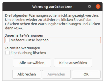 Das Warnungen zurücksetzen Fenster