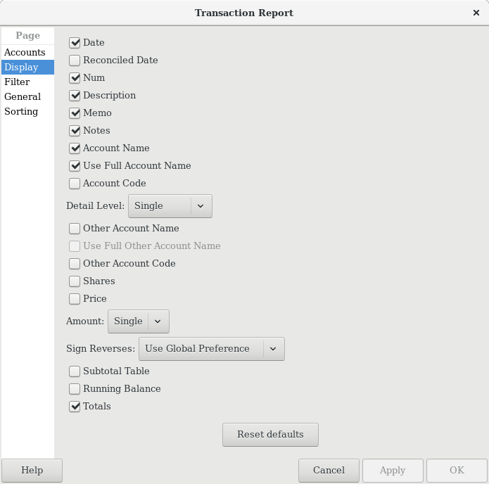 Transaction Report, Report Options