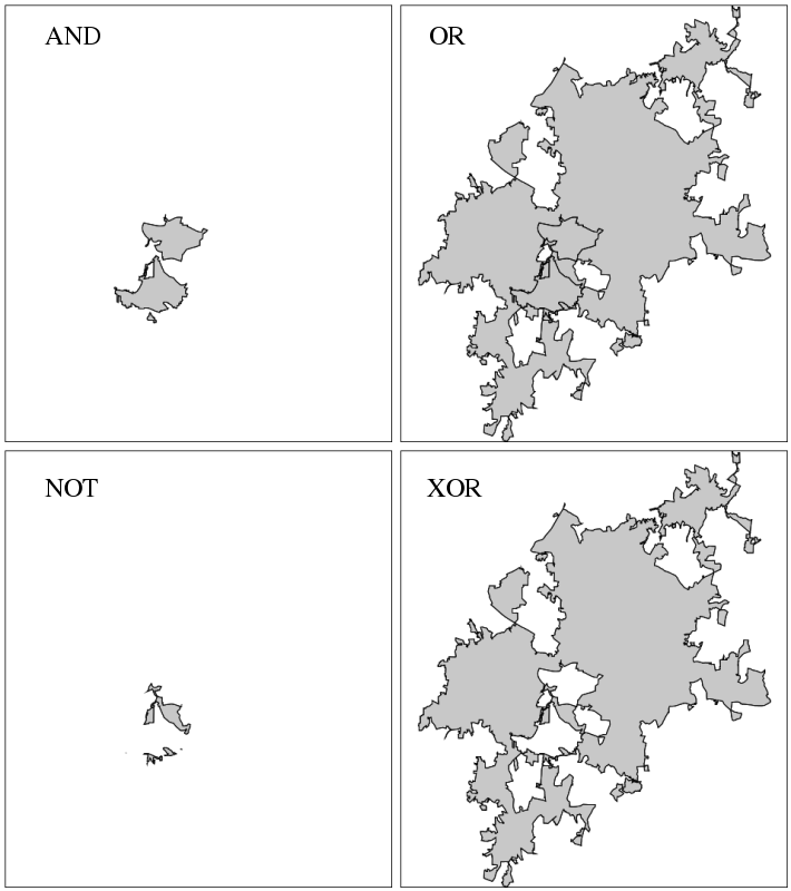 GRASS v.overlay results: AND, OR, NOT, XOR operations