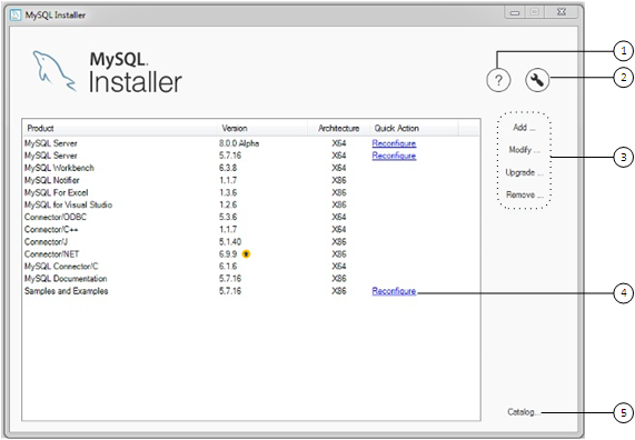 MySQL Installer dashboard showing the basic operations for managing MySQL products for Windows.
