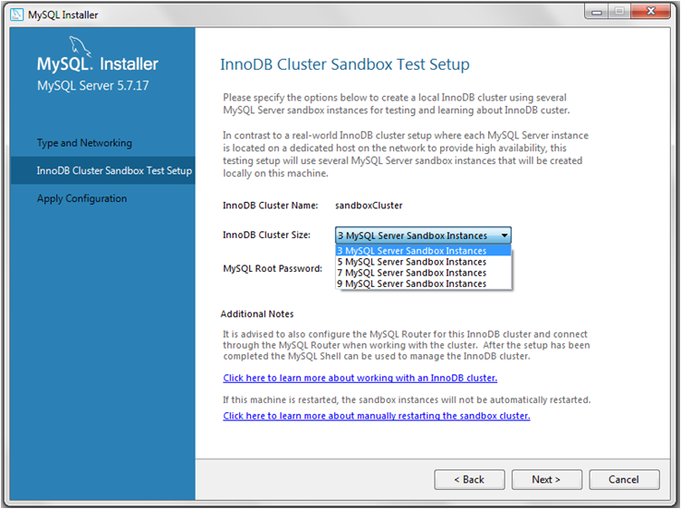 MySQL Installer options for an InnoDB cluster sandbox test setup.