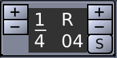 Part of the Main Toolbar responsible for the tempo settings using the Beat Counter. In the center there is a display showing to the left the beat type and to the right on top the current mode of the Beat Counter and the value of the Countdown Counter below. To the left and right of the display there are buttons to decrease or increase the beat type (left) and Countdown Counter value (right).