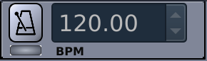 Part of the Main Toolbar responsible for the tempo settings. To the left there are on top two buttons for decreasing and increasing the tempo and below one to activate the metronome. To the right and covering most of the area is a display showing the current BPM. At the far right there is a tall button activating the recalculation of samples processed by Rubber Band at tempo changes.