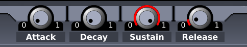 Four rotaries are displayed. From left to right: "ATTACK", "DECAY", "SUSTAIN", and "RELEASE".