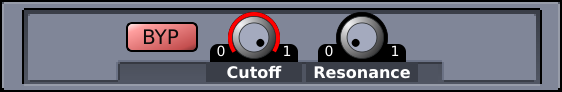 From left to right: a button titled "BYP", a rotary titled "CUTOFF", and another one titled "RESONANCE".