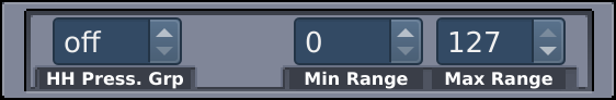 Three displays with corresponding decrease and increase buttons titled "HH PRESS. GRP", "MIN. RANGE", and "MAX RANGE" (from left to right).